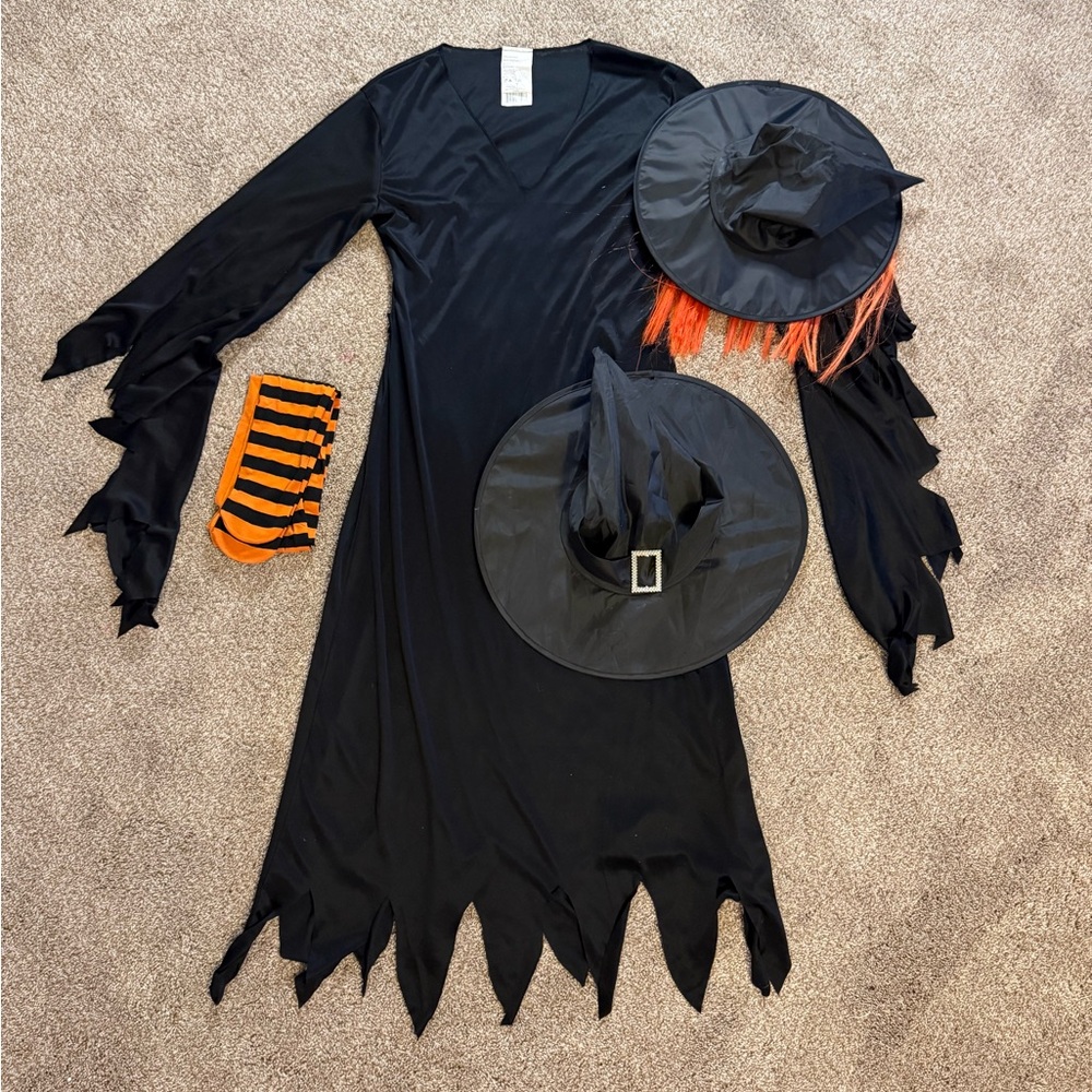 Womens Witch Costume with 2 Hats and Striped Socks
